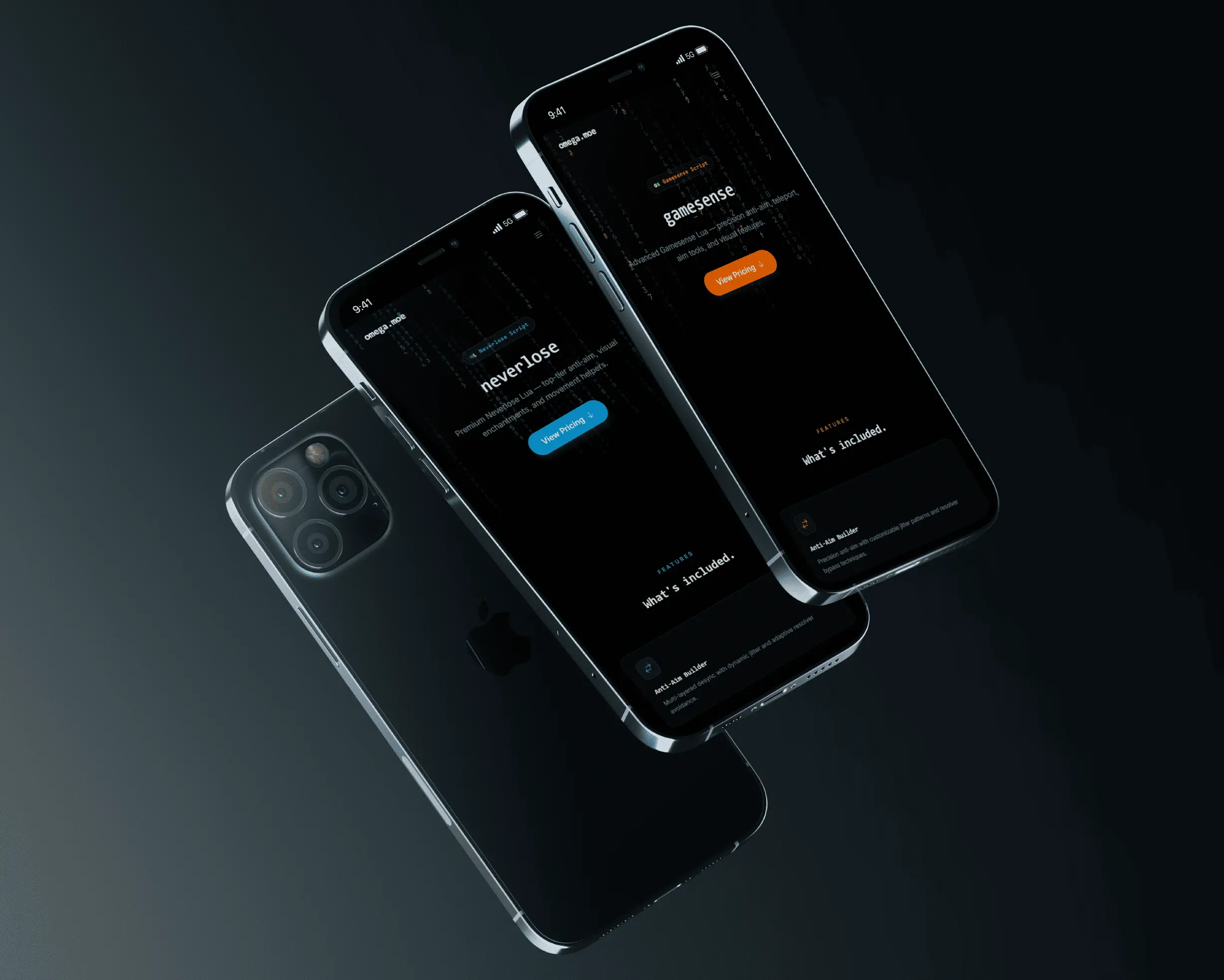 Mobile omega.moe product pages displayed on two smartphones