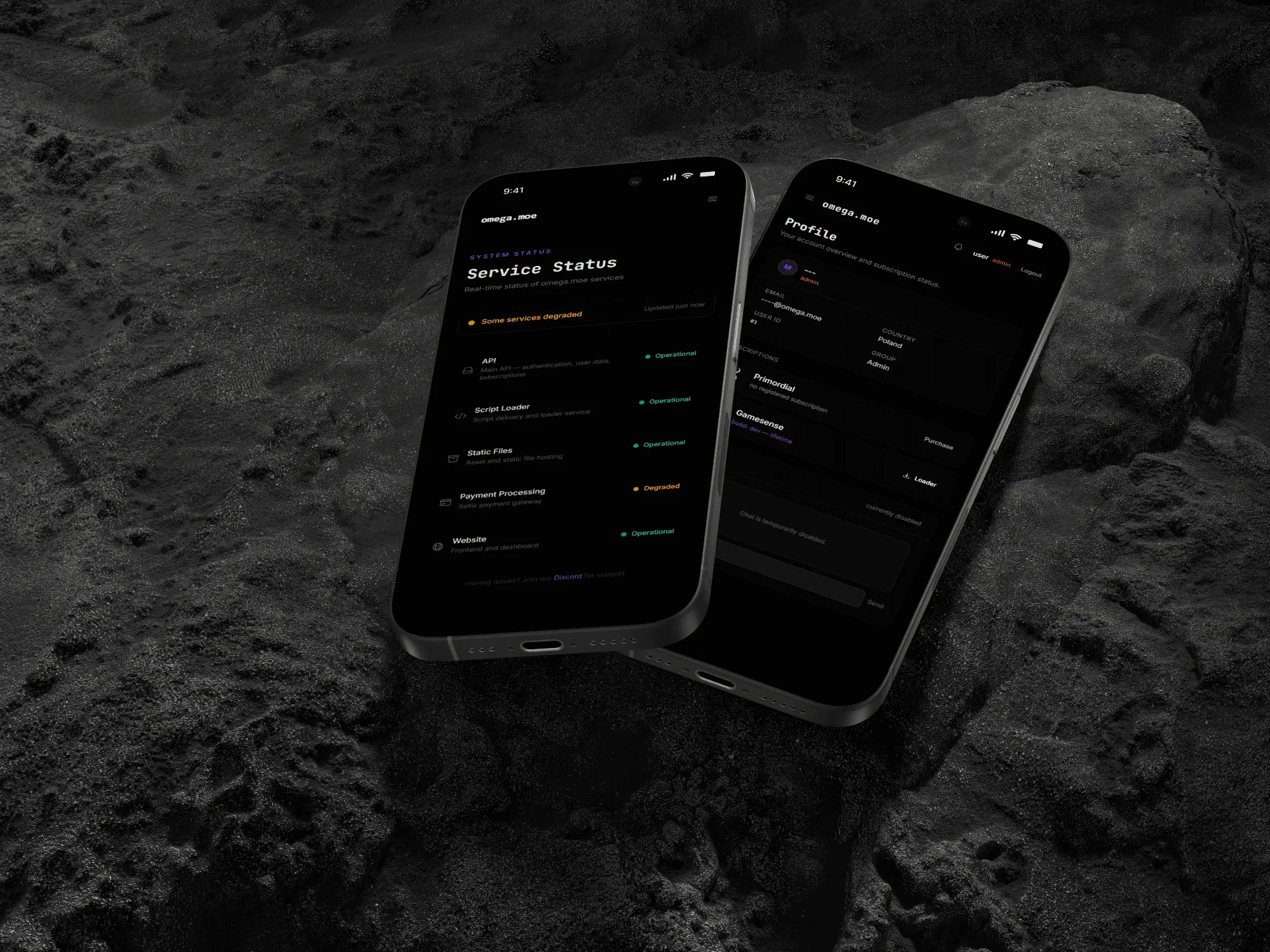 Mobile views of the omega.moe service status and user profile
